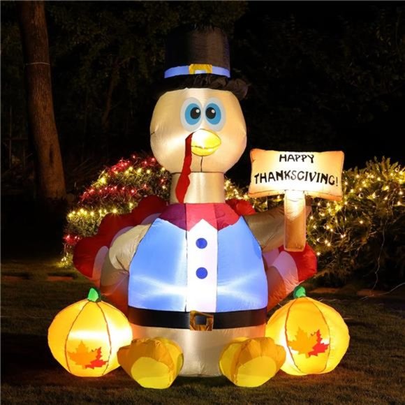 Joyfy 6FT Thanksgiving Inflatable Turkey with Pilgrim Hat  6FT Lighted Happy Thanksgiving Inflatables Turkey with Pilgrim Hat